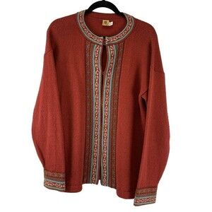 Sanyork Fair Trade Alpaca Sweater Cardigan Peru Red Design Trim Lightweight Med